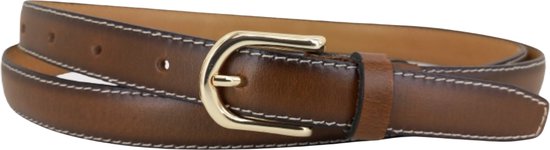 Riem pour femme ronde cousue | Couleur : marron | 2 cm de large | Boucle dorée | Taille de la ceinture : 105 cm (longueur totale : 120 cm) | 100% cuir véritable | Boucle sans nickel