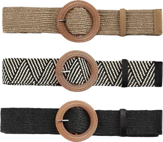 Foto: Ultiluxe brede gevlochten tailleriem 3 stuks bruin gestreept zwart geweven boho stro riem elastische ronde riem ibiza boho bohemian stijl ronde gesp voor dames rotan retro vintage 3 delige set taille riemen