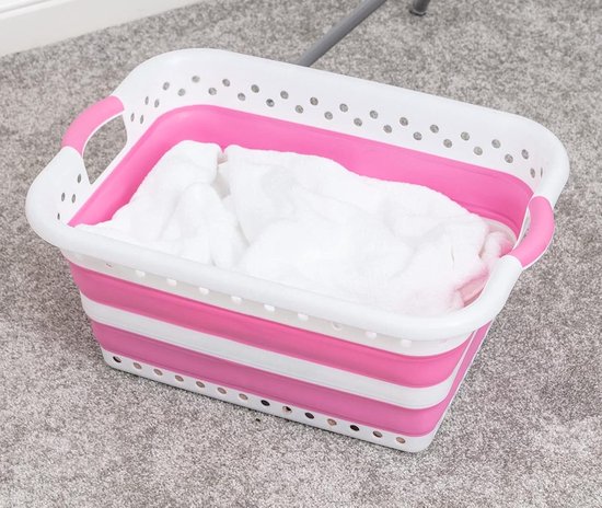 Opvouwbare rechthoekige wasmand inklapbaar - 45 liter - wit en roze van Excellent Houseware — afbeelding 2