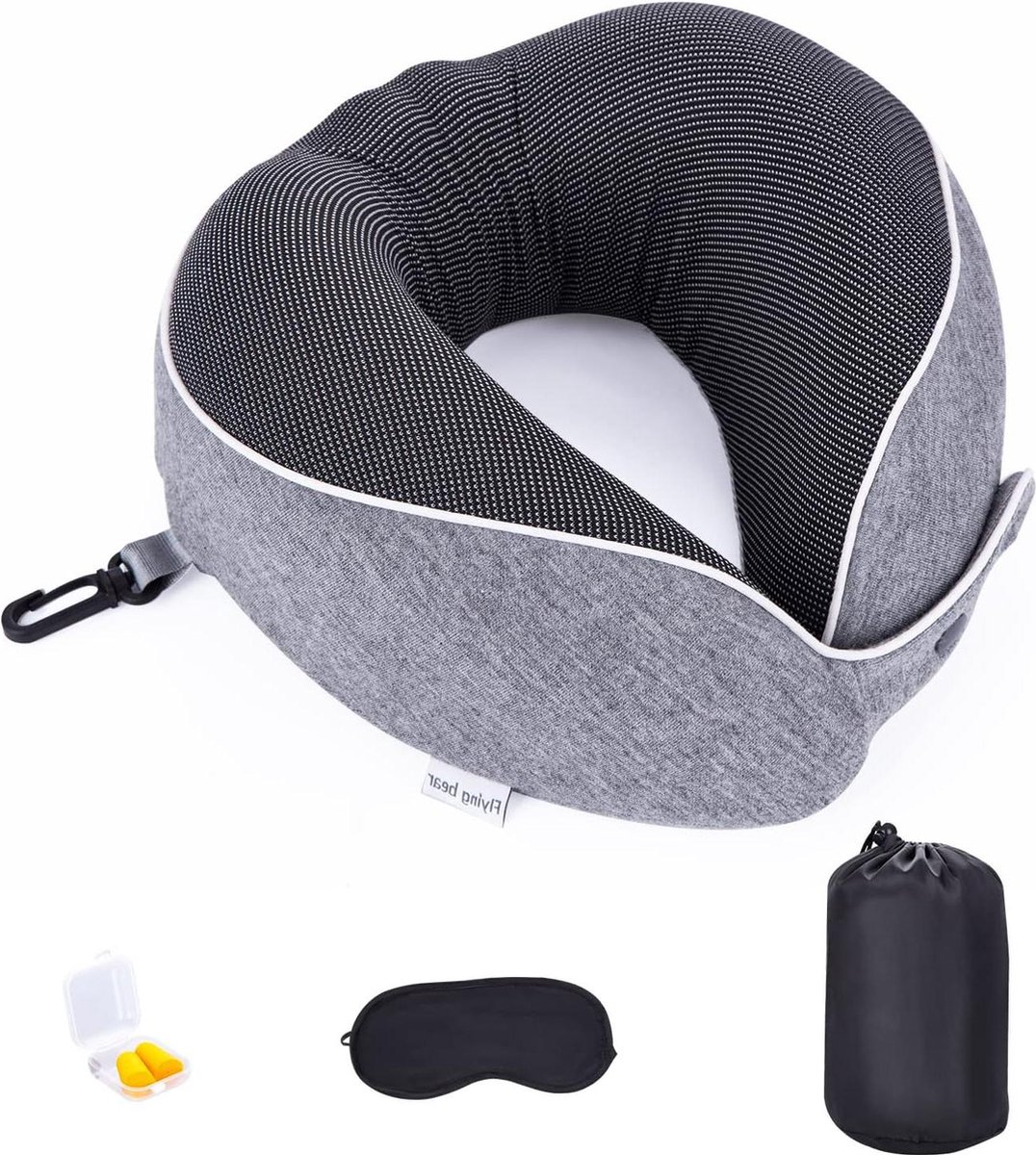 Nekkussenset met slaapmasker - oordopjes - opbergtas - afneembare overtrek - reiskussen van traagschuim - 360 graden ergonomische ondersteuning - nekkussen voor auto - vliegtuig - op reis
