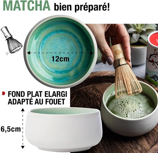 Matcha Kit Kit Matcha Complet 4 Pièces - Bol Céramique Avec Bec - Fouet Et Cuillère Bambou - Support - Vert Matcha Fouet Bambou Thé Matcha