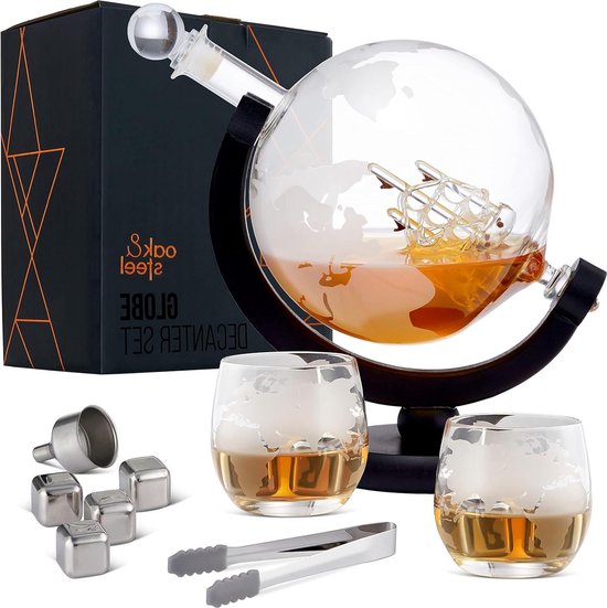 Zcoolo Whisky Decanter Set - 850ml karaf, 2 gegraveerde wereldglazen, roestvrijstalen trechter en 8 roestvrijstalen whiskystenen ijsblokjes (A-850ML