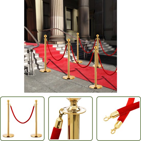 Foto: The living store vip afzetpaal en touwset 3 delig hoogwaardig roestvrij staal 150 cm goud rood