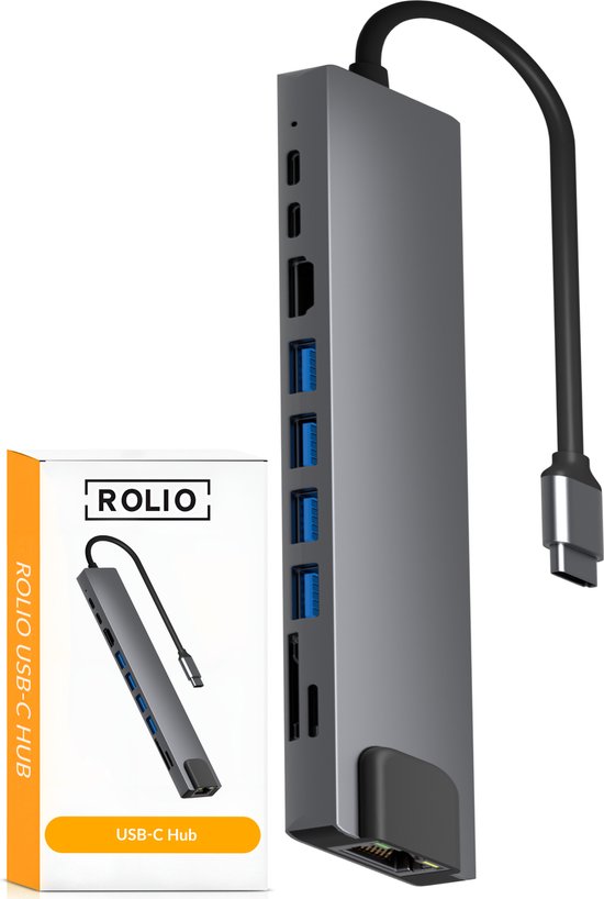 Foto: Rolio usb c hub 10 in 1 hub 1x hdmi 4k 1x ethernet 2x usb c 4x usb a 2x kaartlezer docking station usb splitter geschikt voor macbook pro air windows universeel