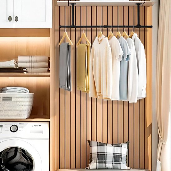 Houten wandgarderobe kapstok met kledingstang - Industriële stijl - Wit - Voor ingang