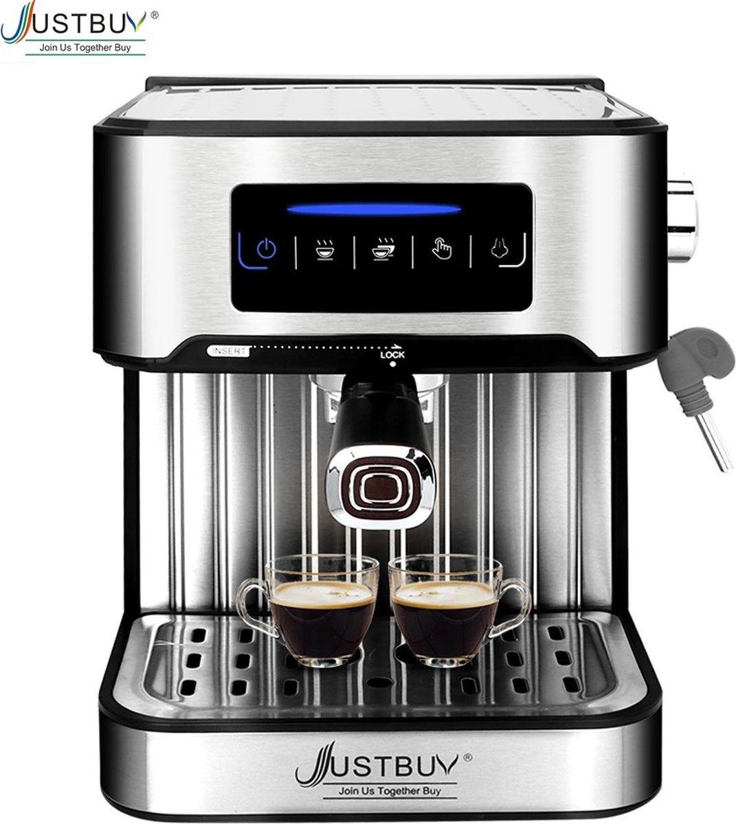 JustBuy N.lux Espresso apparaat Geniet van barista-kwaliteit thuis met het LCD touch espresso koffiezetapparaat Met Semi-Automatische pomp En cappuccino melkopschuimer Koffiemachine Zilverkleurig Voor gemalen koffie