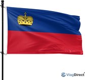 De vlag van Liechtenstein met een blauwe baan bovenaan en een rode baan onderaan, met op de blauwe baan een gouden kroon.