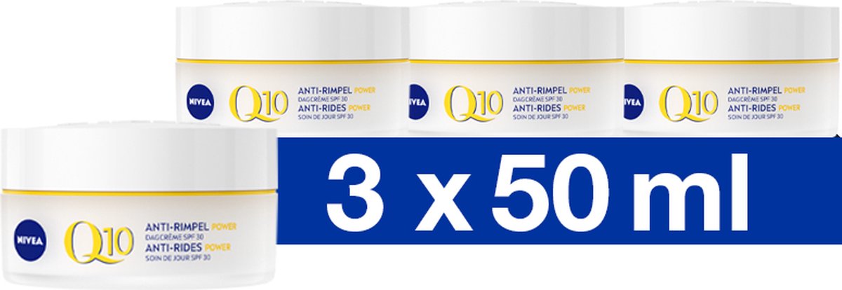 Goedkoopste NIVEA Q10 POWER Anti-Rimpel Dagcrème Gezicht - Alle huidtypen - SPF 30 - Crème Met huididentiek Q10 en creatine - Verstevigt en beschermt - 3x50 ml - Voordeelverpakking