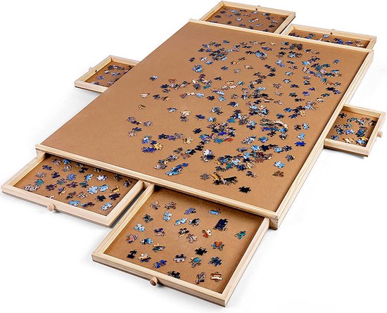 Foto: Lotahome puzzelbord met opbergsysteem 1500 stukjes draaibare puzzeltafel houten puzzelmat puzzelplank 6 lades en sorteerbakjes voor 1500 puzzelstukjes inclusief waterpas 97x71cm