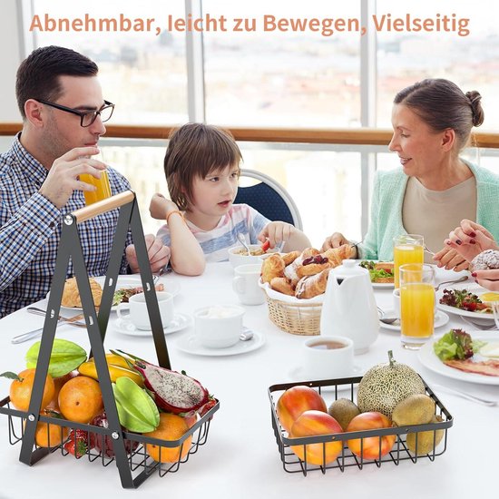 YOPEUC Metalen fruitmand met 2 niveaus, afneembare houder, zwart modern fruitopbergrek voor groenten, snacks
