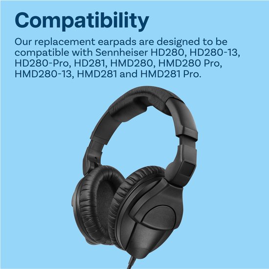 Zwarte Sennheiser hoofdtelefoon met oorkussens en de tekst "Compatibility" en "Our replacement earpads are designed to be compatible with Sennheiser HD280, HD280-13, HD280-Pro, HD281, HMD280, HMD280 Pro, HMD280-13, HMD281 and HMD281 Pro."