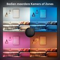 Een woonkamer getoond in vier verschillende verlichtingssferen: neutraal, blauw, roze en oranje. Een zwarte Philips Hue tap-dial switch ligt in het midden.