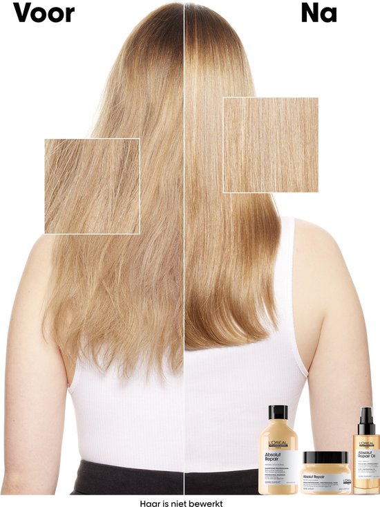 Photo avant/après d'une femme aux longs cheveux blonds. À gauche, ses cheveux sont secs et abîmés, à droite, ils sont sains et brillants.