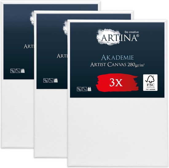 Verpakking van drie Artina Akademie schilderdoeken 20x30 cm, 280 g/m², met FSC® hout.