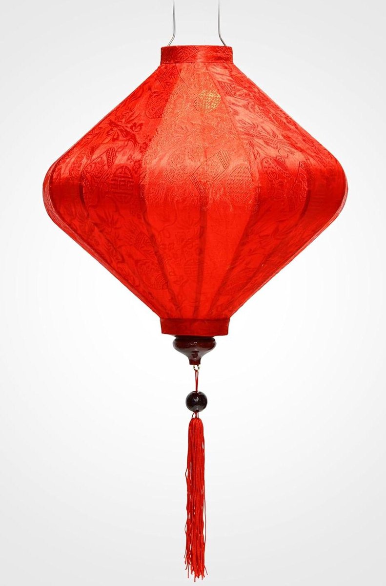 Aziatische lantaarn van rode zijde - traditionele hanglamp van Hoi an - Ø 39 cm - bamboe en hout - Vietnam decoratie handwerk
