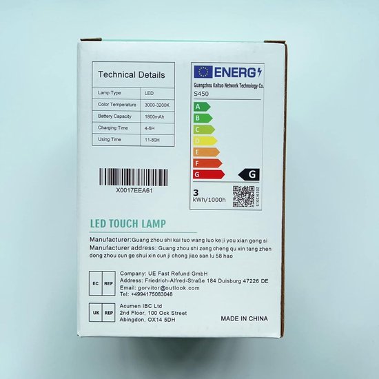Détails techniques et informations énergétiques d'une lampe tactile LED, avec des spécifications telles que le type de lampe, la température de couleur, la capacité de la batterie et les certifications CE/RoHS.