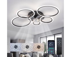 Plafondventilator Ø100 cm - Met Verlichting - Met Afstandsbediening - Smart Lamp - 5 Ringen - Timer - Zomer/Winter functie - Zwart - Woonkamer - Slaapkamer - Plafondlamp met ventilator