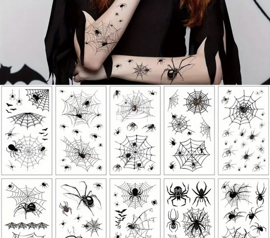 9 Feuilles Noires Halloween Araignée Toile Temporaire Tatouages Pour Femmes Visage Cosmétique, Hommes Adultes Chauve-souris Manche Faux Tatouage Autocollants – Beauté Et Santé