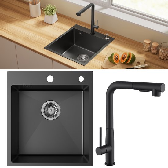 ML-Design roestvrijstalen gootsteen 50x40 cm antraciet, keuken gootsteen hoekig, 1 kom