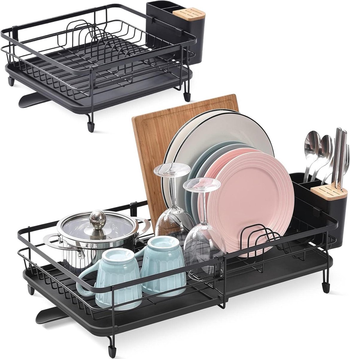 Goedkoopste Uitbreidbaar verstelbaar afdruiprek - opvouwbaar droogrek met bestekhouder - draaibare afvoeruitloop - anti-roest plaatrek voor keuken - 1 stuk