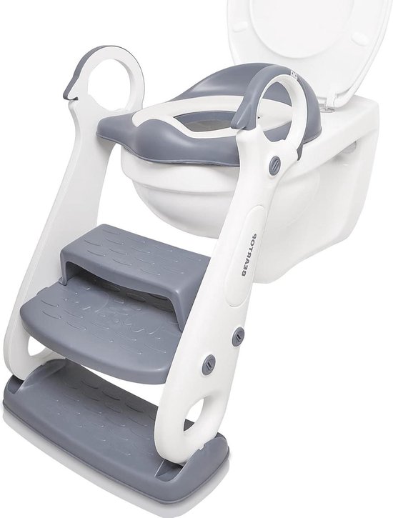 WOLTU Toiletbril voor kinderen, met trap, zonder montage, inklapbaar, 2 niveaus, in hoogte verstelbaar, met handgrepen, antislip zitkussen, wit en grijs WOLTU Toiletbril voor kinderen, met trap, zonder montage, inklapbaar, 2 niveaus, in hoogte verstelbaar, met handgrepen, antislip zitkussen, wit en grijs