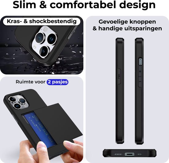 Hoesje Geschikt voor iPhone 16 Pro Max Hoesje Met Pasjeshouder Hard Case Met Kaarthouder - Hoes Geschikt voor iPhone 16 Pro Max Hoesje Pashouder Case - Zwart