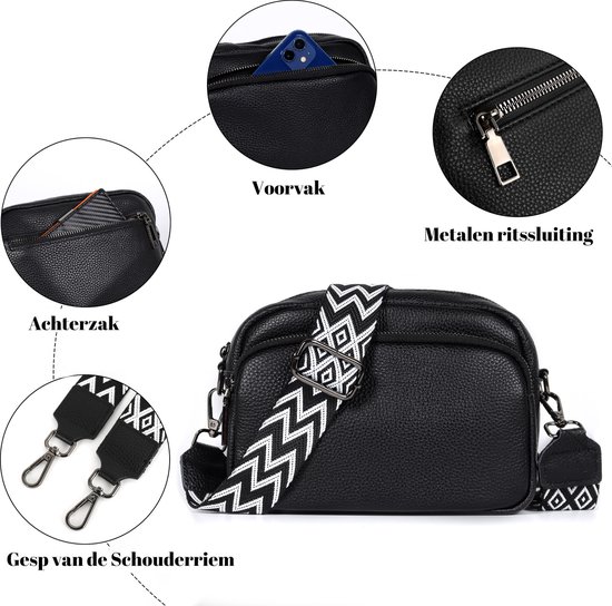 FASSIONA Sac Bandoulière Femme - sacs bandoulière - Klein Sac - Cuir - 5 Compartiments - Petit Sac Bandoulière - Zwart