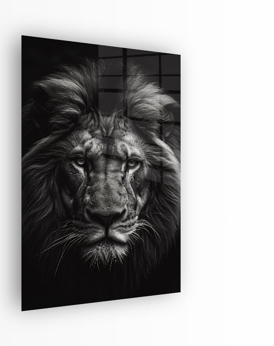 Indoorart Glasschilderij Leeuwenkop Zwart Wit 40x60 CM - Afbeelding op plexiglas - Inclusief montagemateriaal zwart, wit
