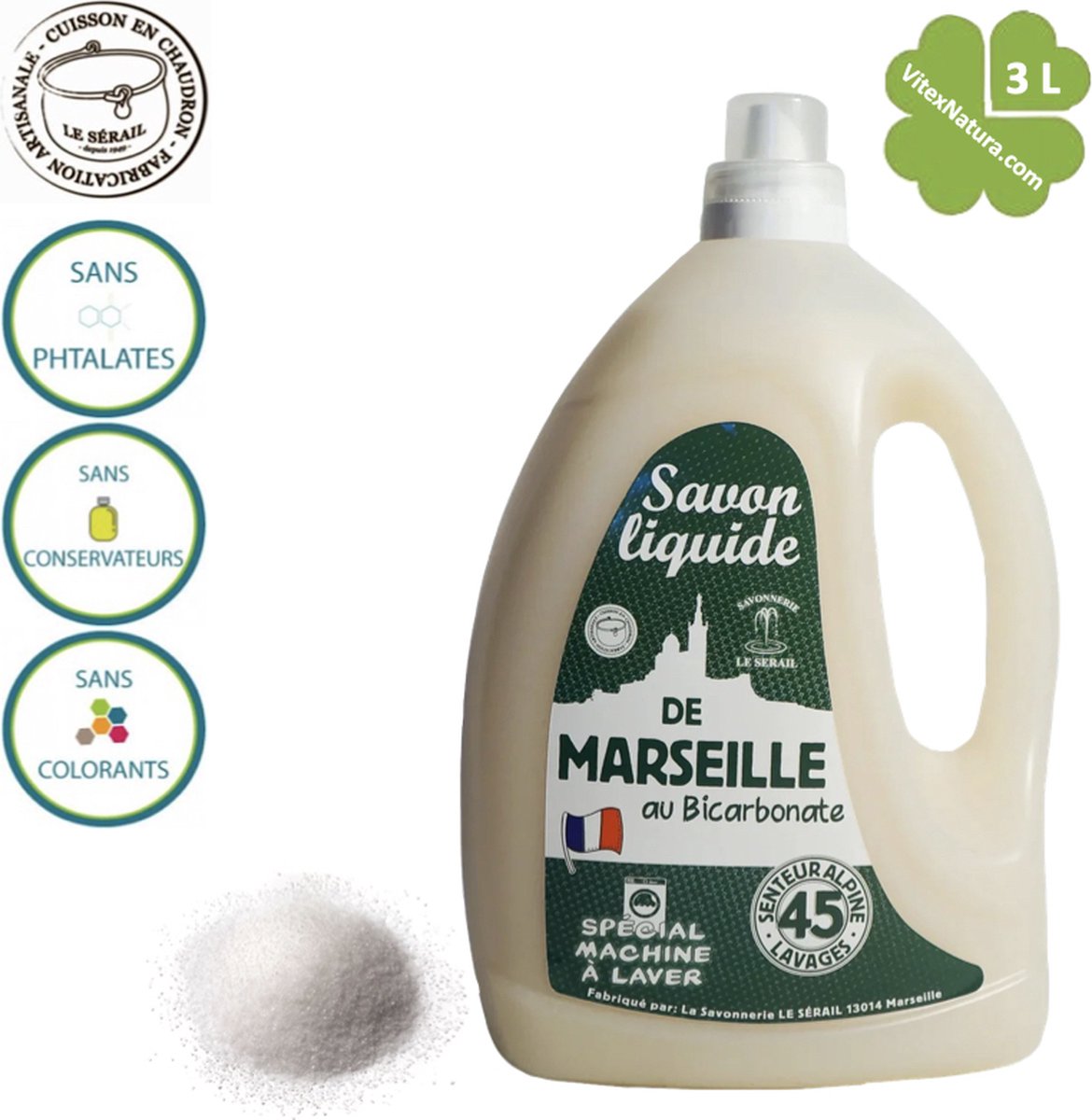 Marseillezeep | vloeibaar wasmiddel met natriumbicarbonaat 3L | Alpine frisheid | Le Serail