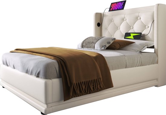 Lit cofe rembourré - 160 x 200 cm - avec 2 lampes Leds ports USB - rangeme