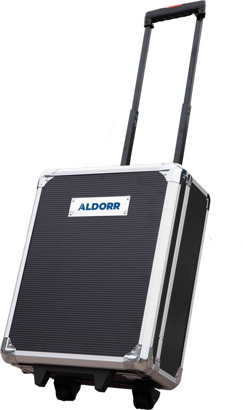 Zwarte ALDORR gereedschapskoffer met wieltjes, aluminium frame en uitschuifbaar handvat.
