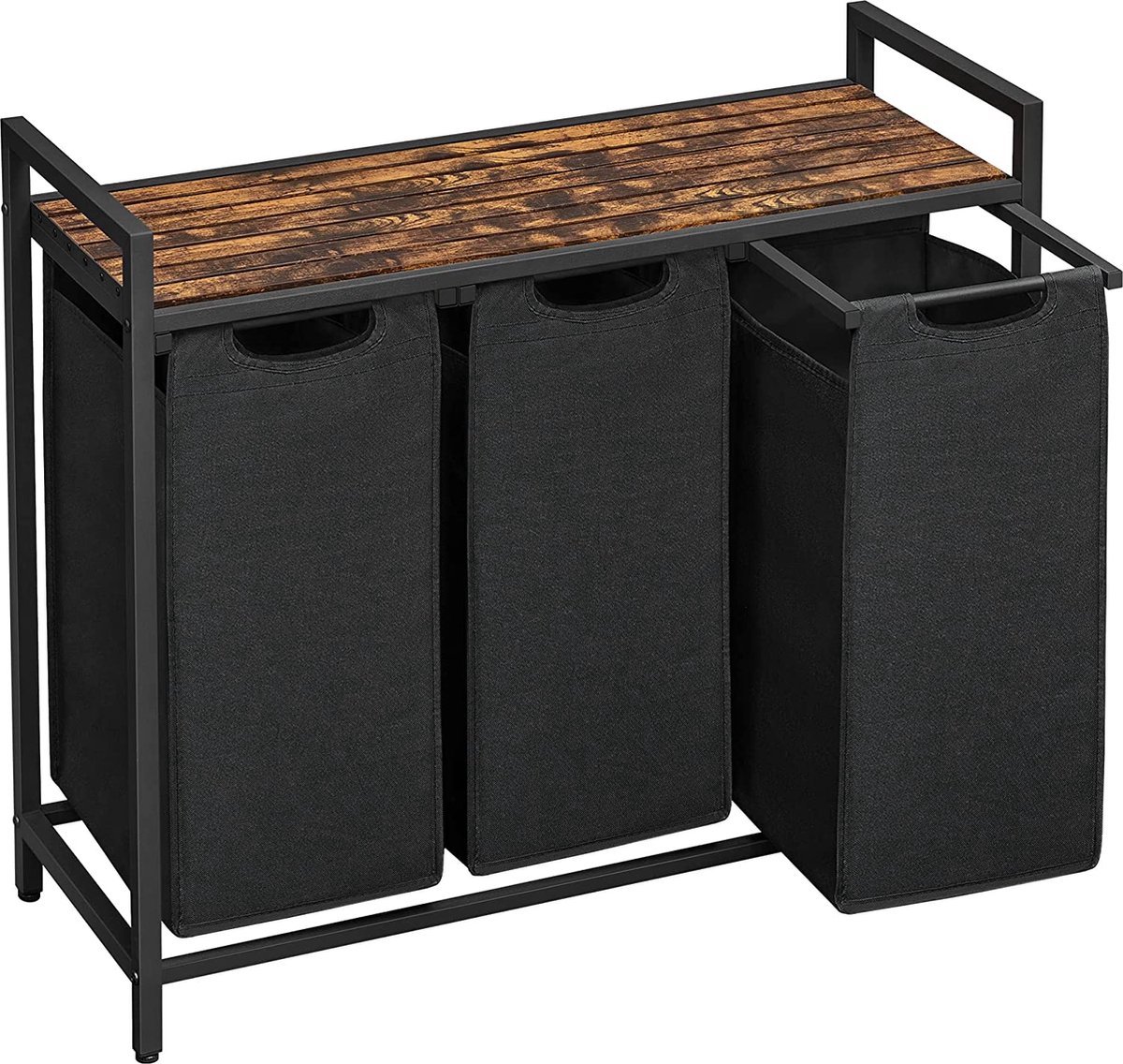 Goedkoopste xDays Wasmand 3 vakken – uitschuifbaar met plank - 92.5 x 33 x 71 cm - wassorteerder - 114 liter verdeeld over 3 zakken – wasmanden zwart metaal en bruin hout