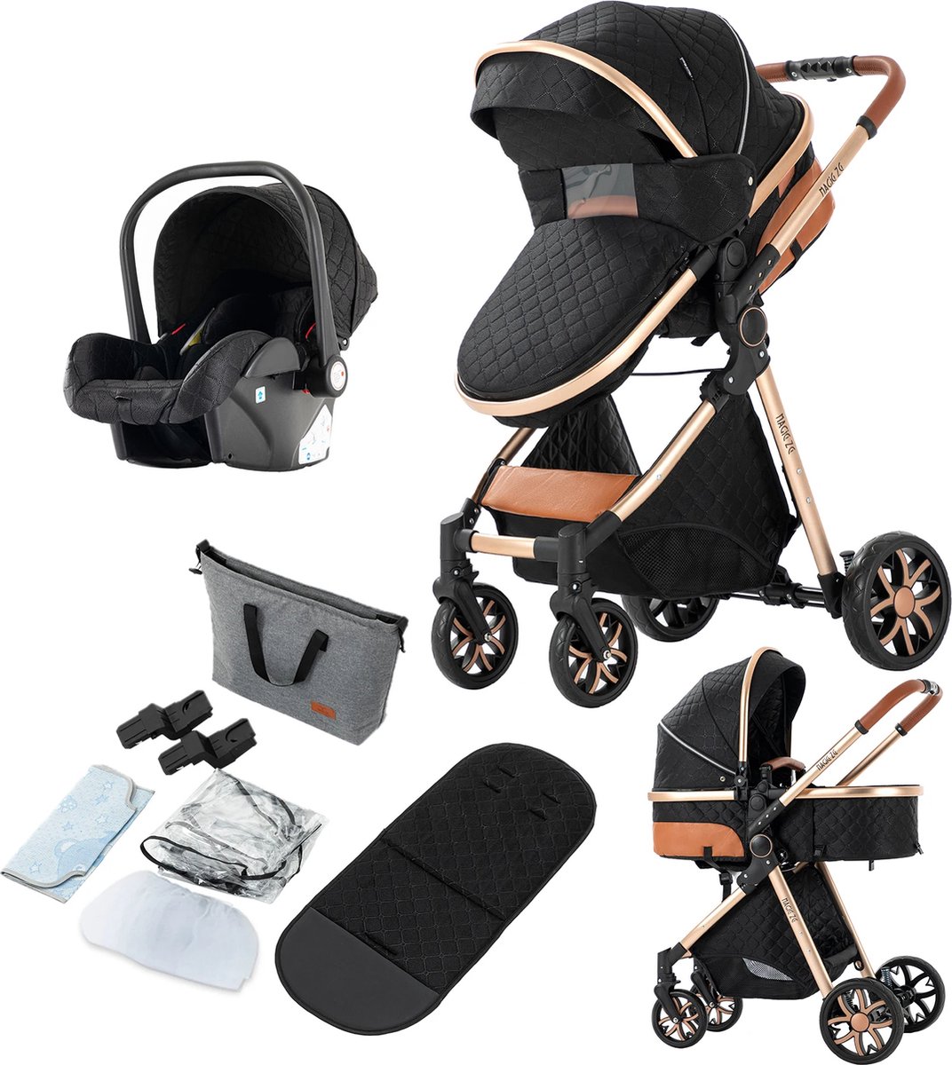 Kinderwagen - Luxe 3-in-1 Kinderwagen - Kinderwagens - Wandelwagen - Autostoeltje - Buggy - Inklapbaar - Zwart / Goud - 0-36 Maanden