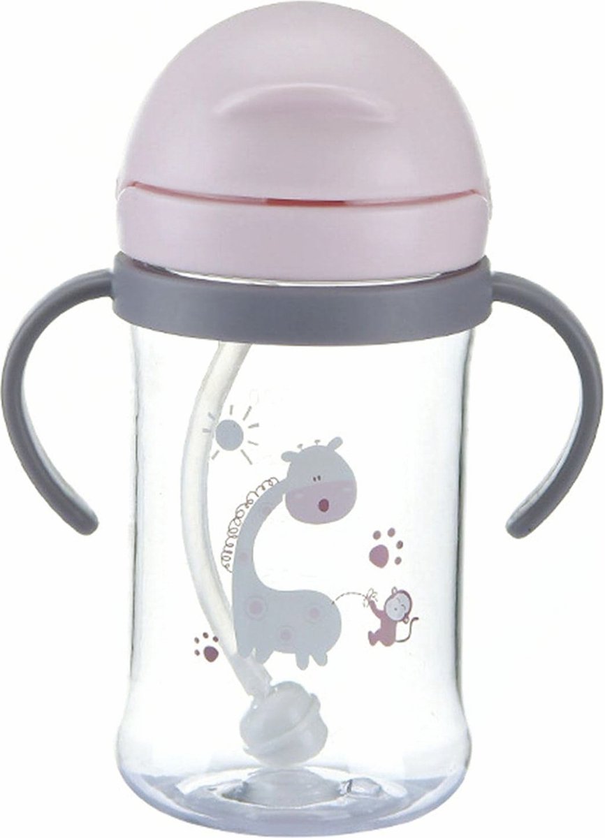 Goedkoopste Sippy Cup - Drinkbeker met Dop en Rietje - Handvaten - 350ml - Roze - Giraffe
