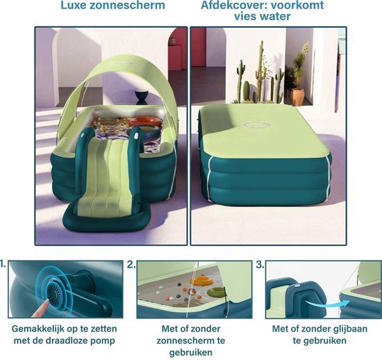 LotaHome - Opblaasbaar Zwembad - Zwembad met Glijbaan en Zonnescherm - Draadloze Pomp - Kinderzwembad LotaHome - Speelzwembad - Maximaal 8 Personen - Inclusief Diverse Accessoires - 300cm