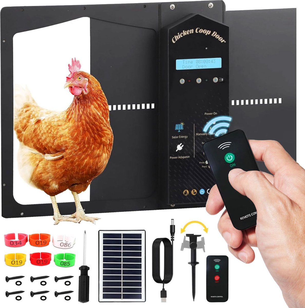 LotaHome - Luxe Automatische Kippendeur - Met Zonnepaneel - Automatische Kippenleuk - Kippenhokdeur - Kippenluik op Zonne-energie - Chickenguard - Timerfunctie & Lichtsensor - Voor alle Dieren - Inclusief 10 Kippenpootringen en Bevestigingsmateriaal