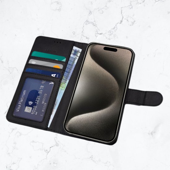 Étui portefeuille en cuir de Protection iPhone 16 Plus / Housse en Cuir / Housse pliante Zwart