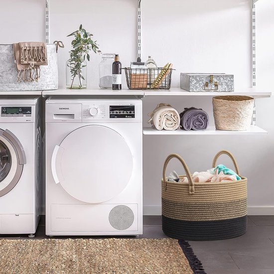 Wasmand Met De Hand Gevlochten, Wasmand Van Polyrotan, Met 3 Vakken Deksel En Handgrepen Uitneembare Zakken Woonkamer Slaapkamer Waskeuken Wit