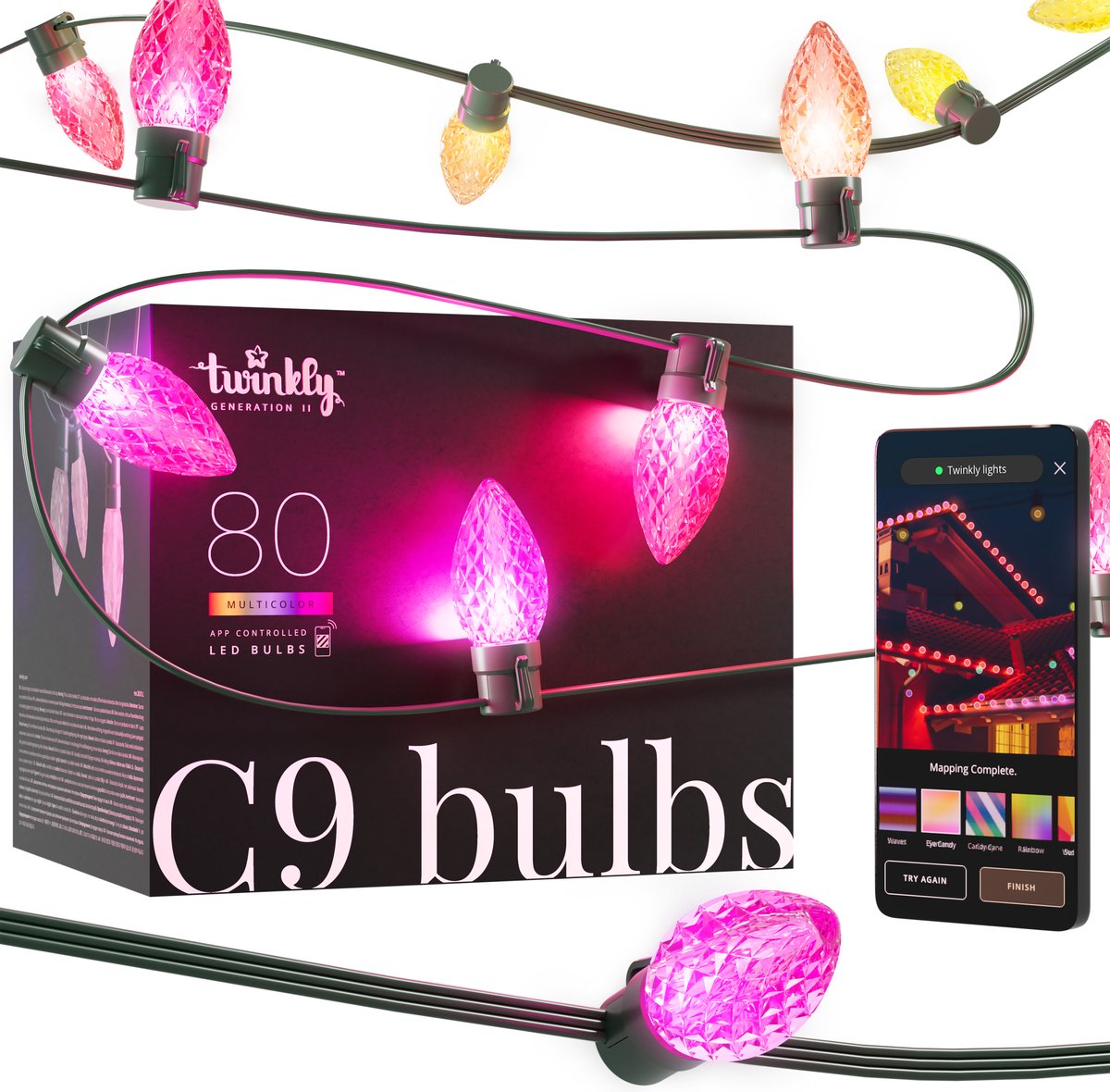 Twinkly C9 lampen - App gestuurde - LED-lichtslinger met 80 RGB (16 miljoen kleuren) LED's - 24,4m - Groene kabel - Slimme buitenverlichting