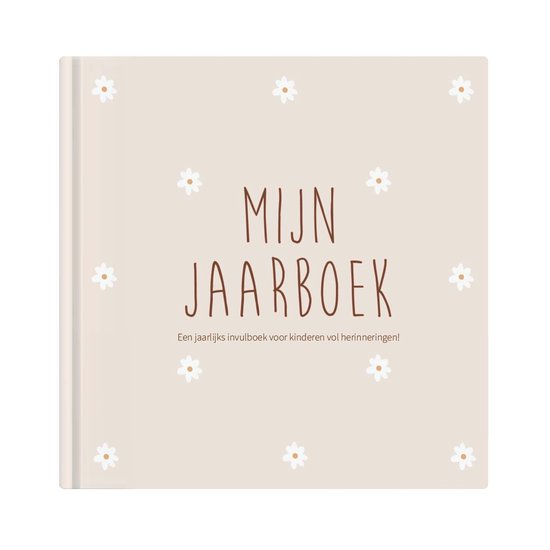 Lichtroze omslag van een invulboek met witte madeliefjes en de tekst 'MIJN JAARBOEK'.