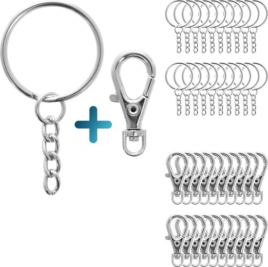 qjuwhua Sleutelringen met ketting, set van 50 stuks, 25 mm, onbewerkte sleutelhangers, knutselen, sleutelhangers, ringen, kleine sleutelhanger, 25 mm