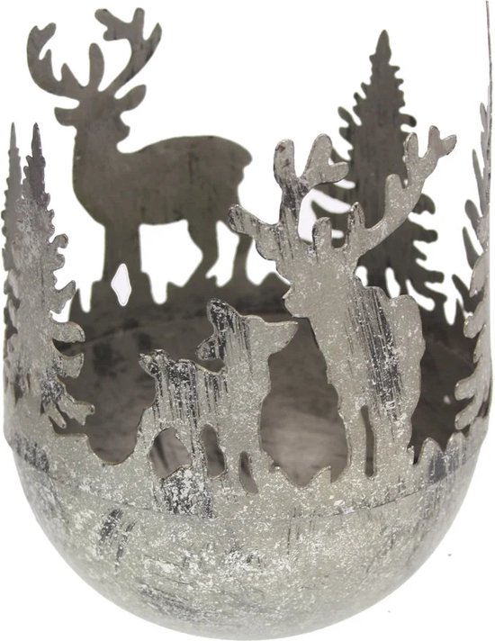 Windlicht Kerstboom/hert metaal antiek zilvekleur Ø11x14,5cm