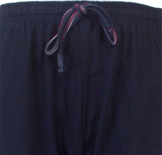 Pantalon de pyjama bleu marine avec cordon de serrage à la taille, à rayures rouges et blanches.