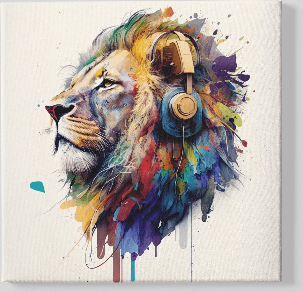 Trendex Global Vierkant Canvas Schilderij - Dieren - Leeuw met Koptelefoon - 40x40x2 cm Kleurrijk