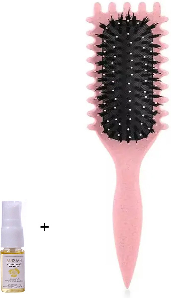 Aurgan Curl Styling Haarborstel - roze - met 10ml Aurgan arganolie - krullenborstel - volumieus haar - krullenkam - antiklit - curl haarborstel - curl brush - krullenkam - krullen kam - Curly Girl CG Methode