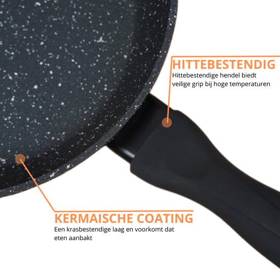Zwarte koekenpan met granieten look en zwart handvat, met tekst 'HITTEBESTENDIG' en 'KERMAISCHE COATING'.