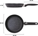 Afmetingen van zwarte koekenpannen met granieten look: 20cm, 24cm, 28cm en 30cm.