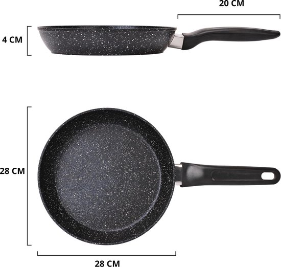 Afmetingen van zwarte koekenpannen met granieten look: 20cm, 24cm, 28cm en 30cm.