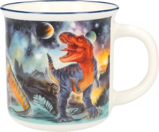 Witte mok met een T-Rex dinosaurus, oranje en grijs gekleurd, in een buitenaardse ruimte. De tekst 'DINO WORLD' is zichtbaar.