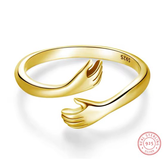 Borasi Collection Knuffel Ring | 925 Zilver | Goudkleurig | Knuffelring | Handen | Vriendschapsring | Hug | Verstelbare Ring | Vrouwen Cadeau | Dames Sieraden |